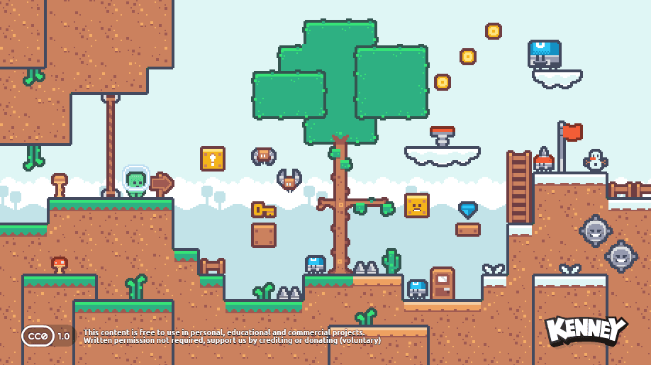 A colorful pixel platformer level with floating platforms, trees, and collectibles.