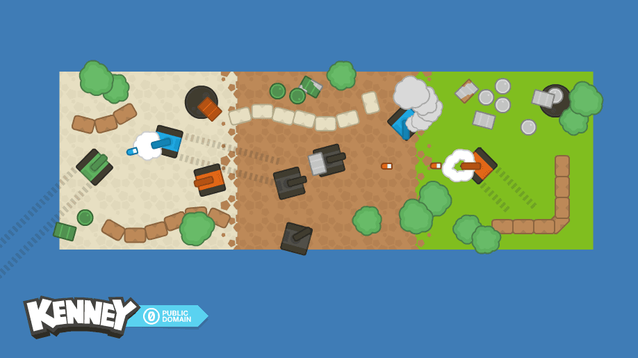 A top-down battlefield with tanks firing across dirt and grass terrain.